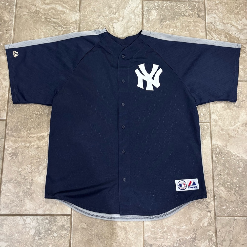 Vintage New York Yankees Majestic Mesh Jersey Blue Gray USA MADE Sz 2XL‎